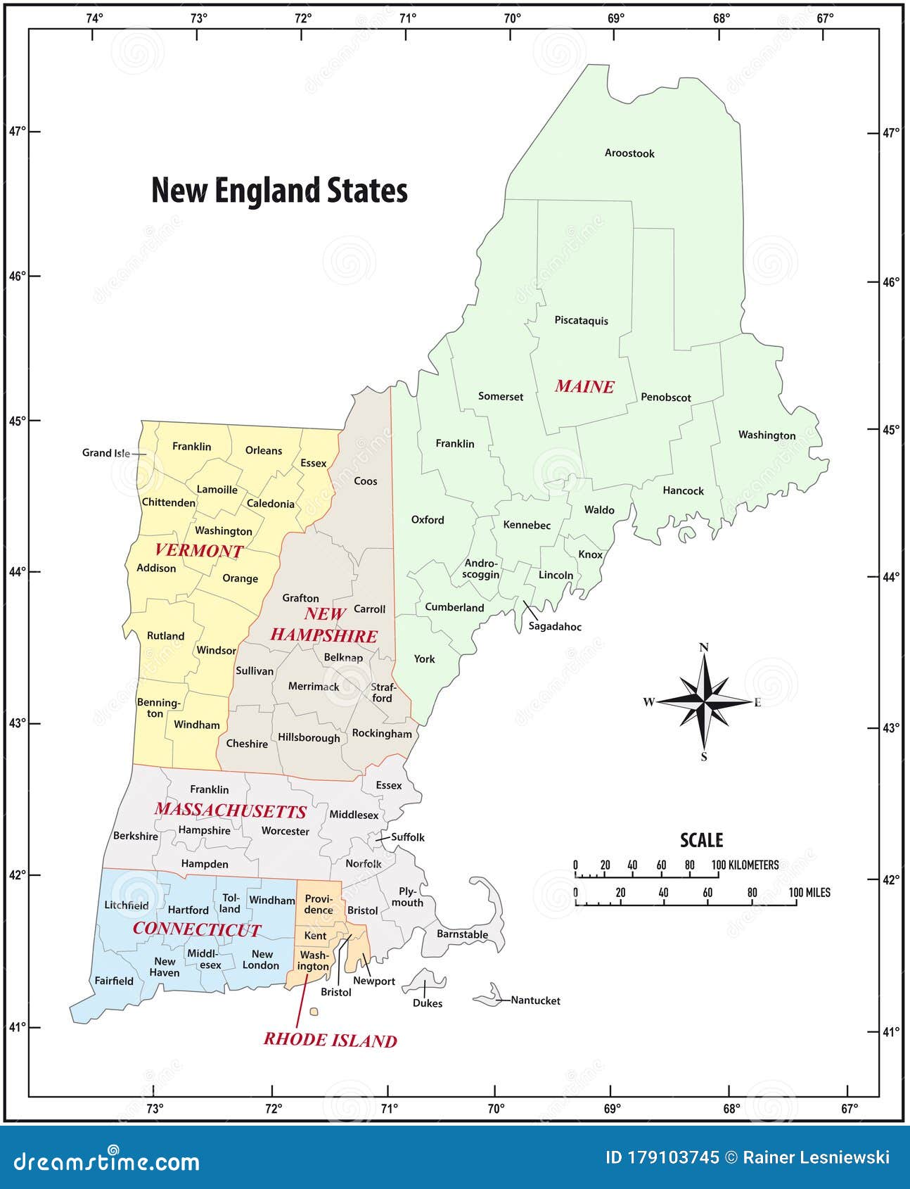 Administrative Vector Map Of The Five New England States United States