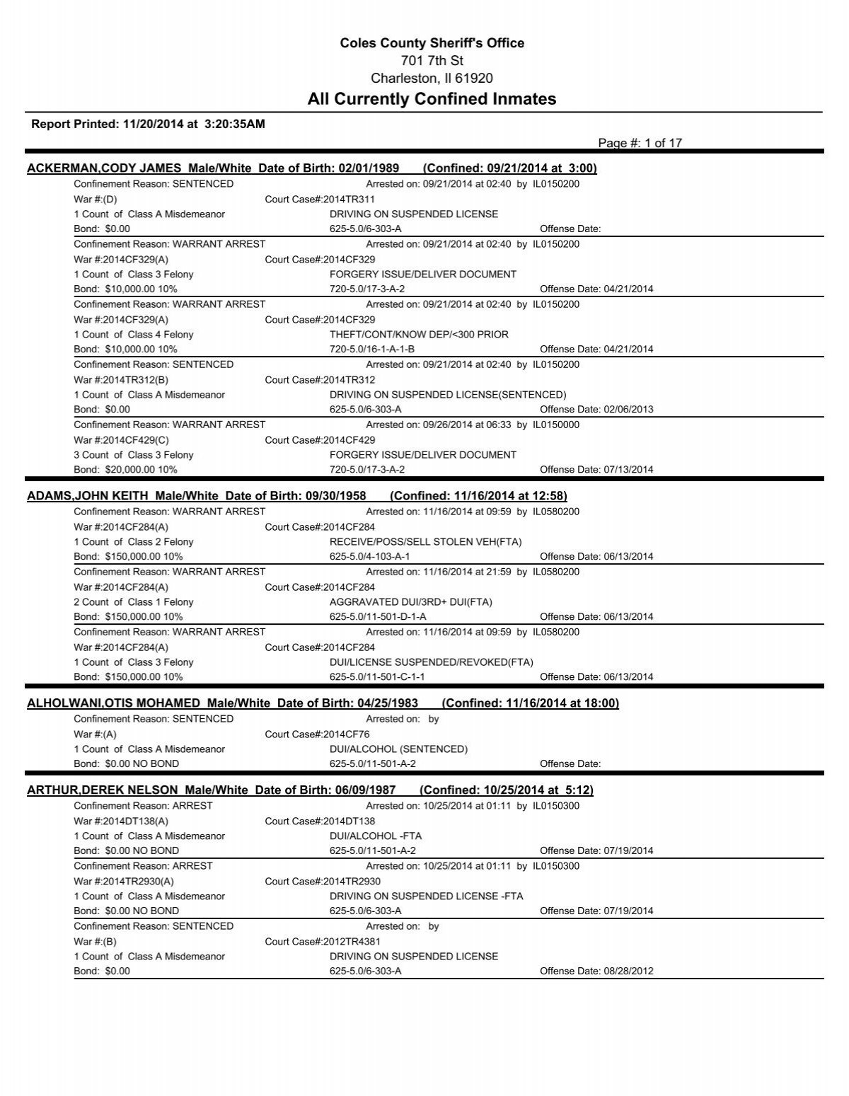 Coles County Recently Confined Inmates